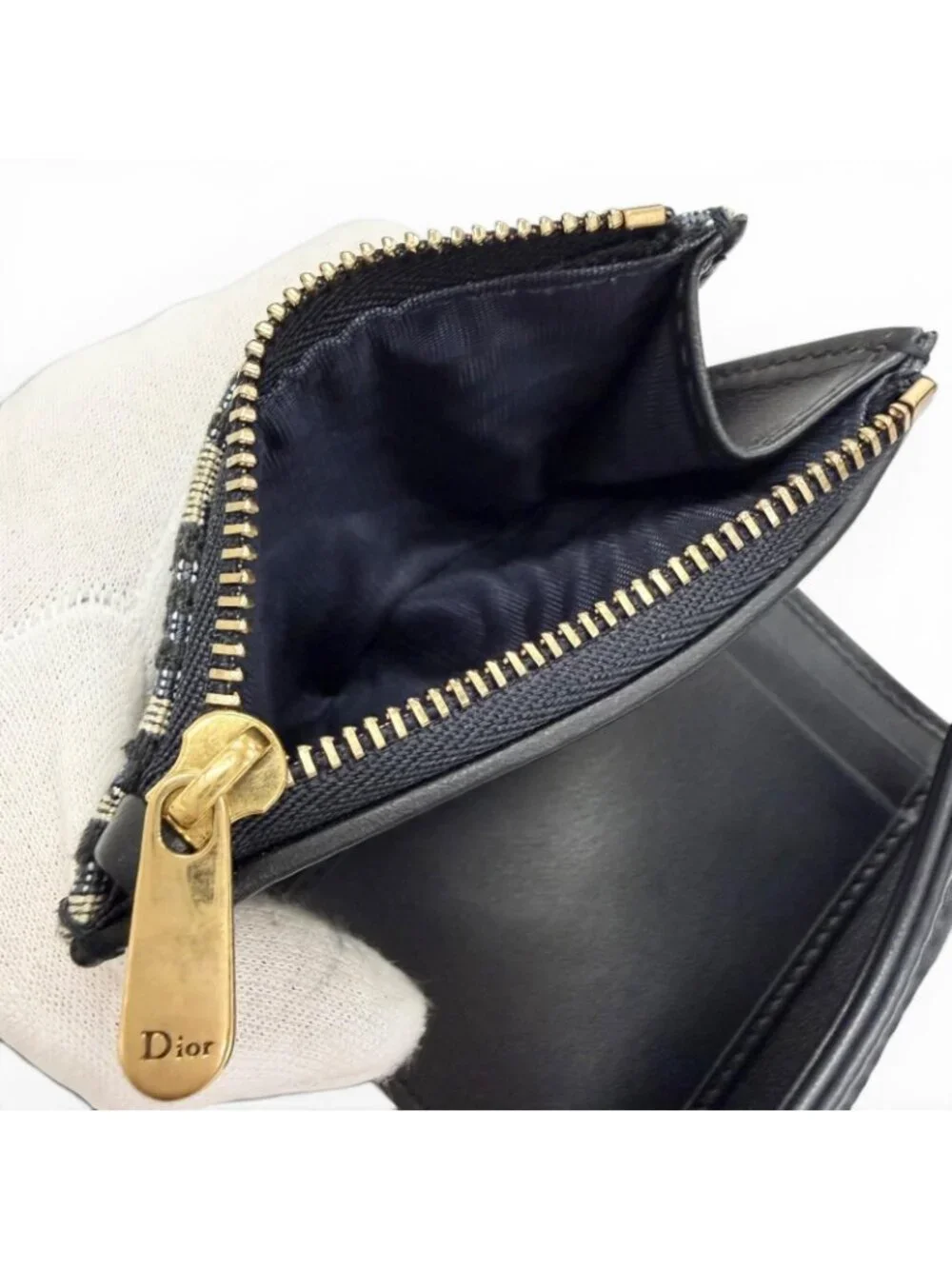 Dior Saddle Lotus Wallet Oblique Jacquard Leather Trifold Navy